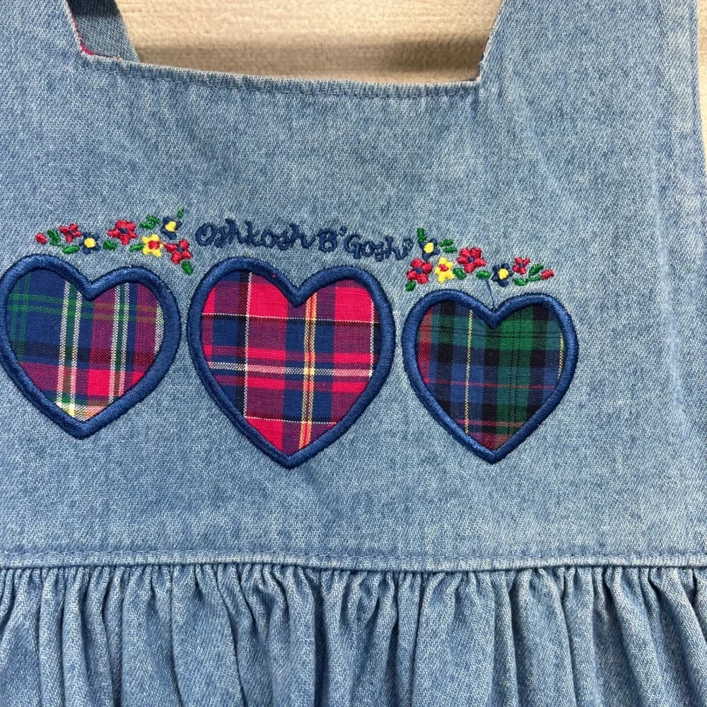Vintage 90s Oshkosh B'gosh Girls Denim Heart Plaid‎ Pinafore Jumper Dress Size 6